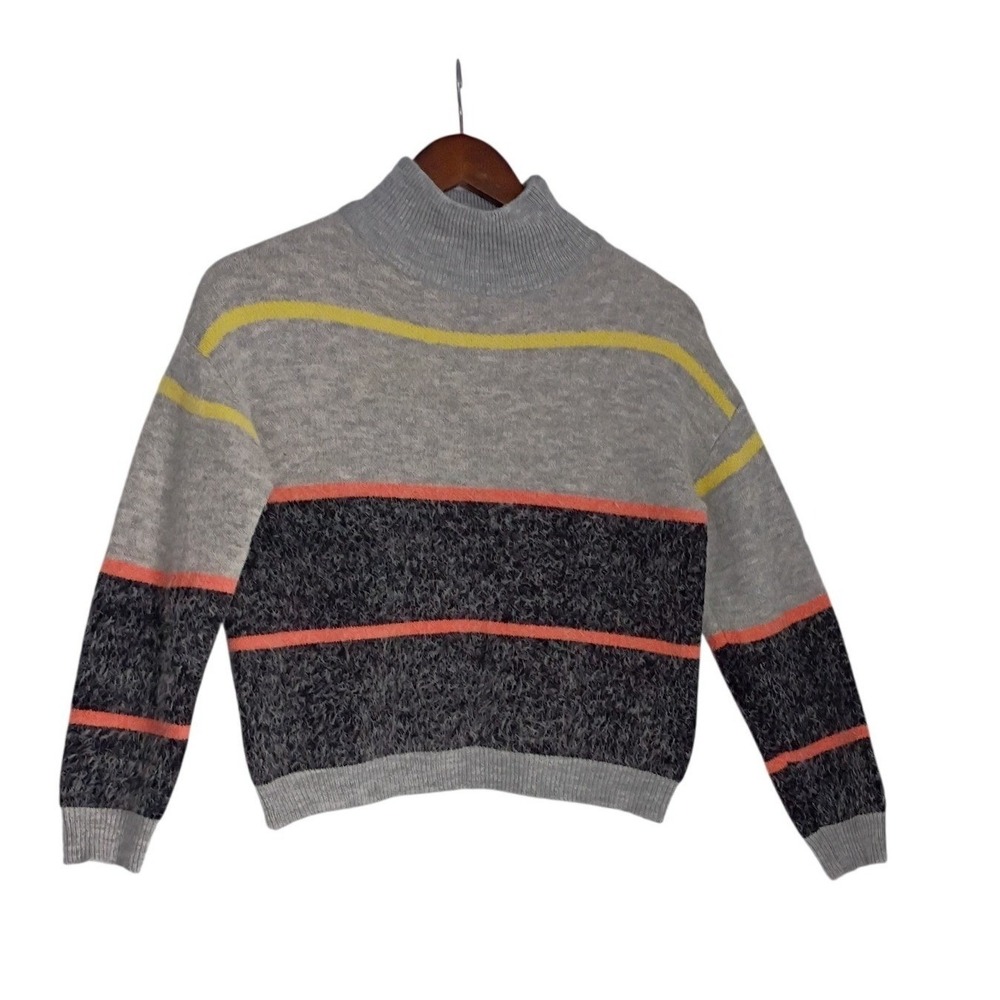 THML Cozy Chic Colorblock Mock Neck Sweater Gray Striped Soft Knit Small